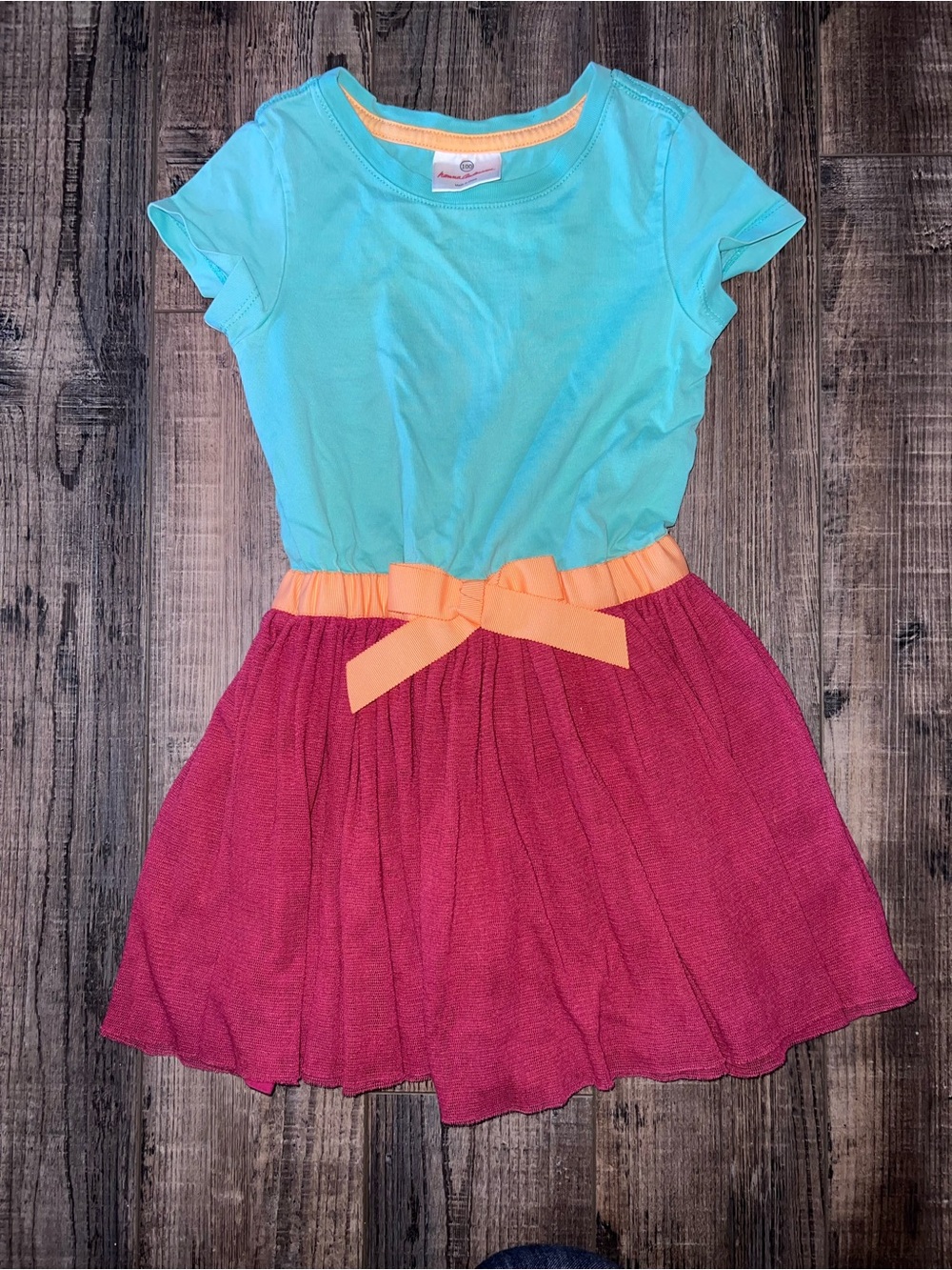 Hanna Andersson Teal and Raspberry Colorblock Bow Dress